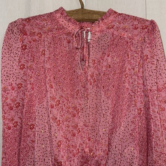 joie S Mock Neck Tie Front Long Balloon Sleeve Pink Gold Metallic Blouse - Picture 3 of 12